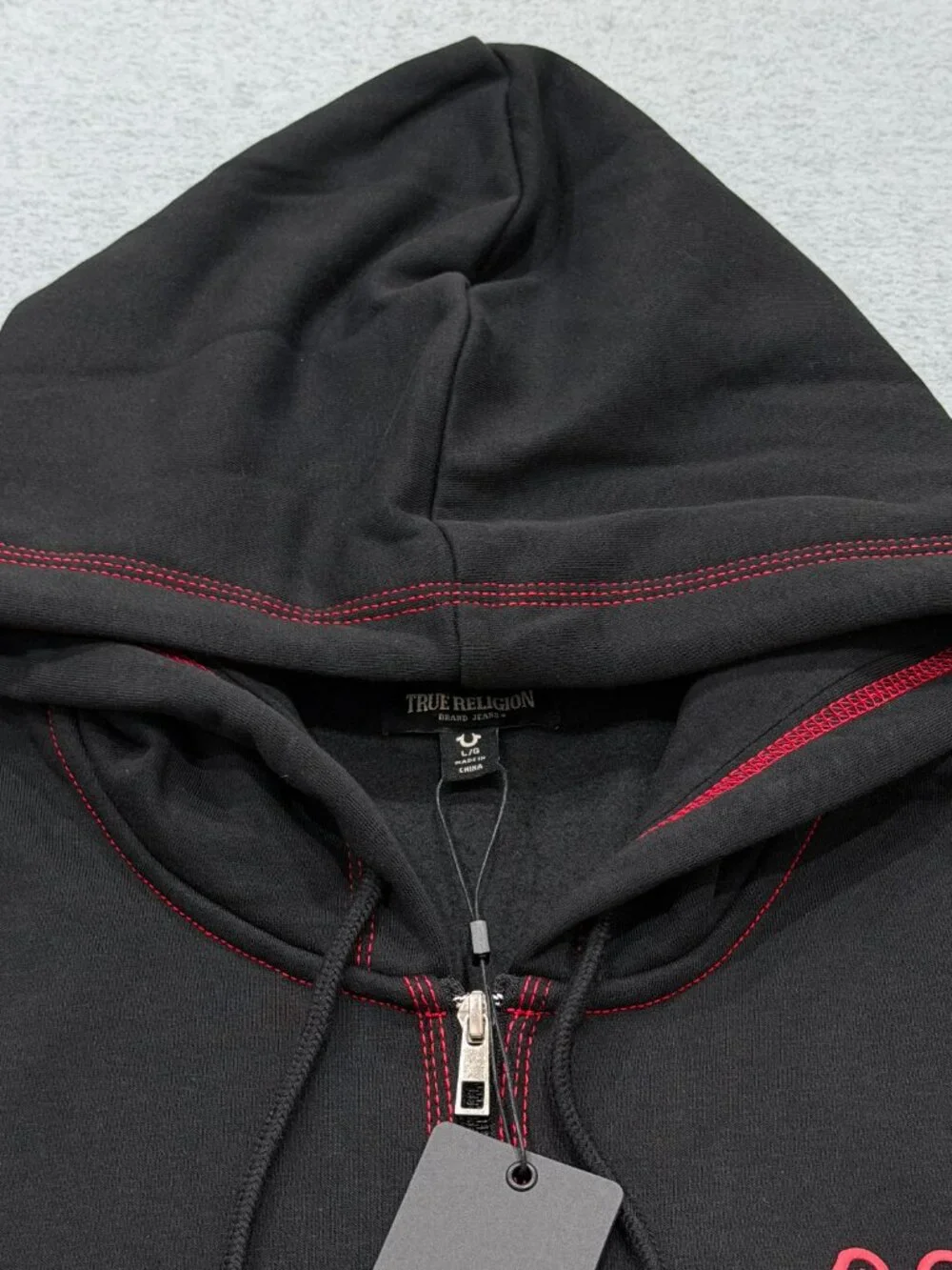 True Religion Mens TNL Puff Buddha Full Zip Hoodie Large L Black Red Stitch NWT